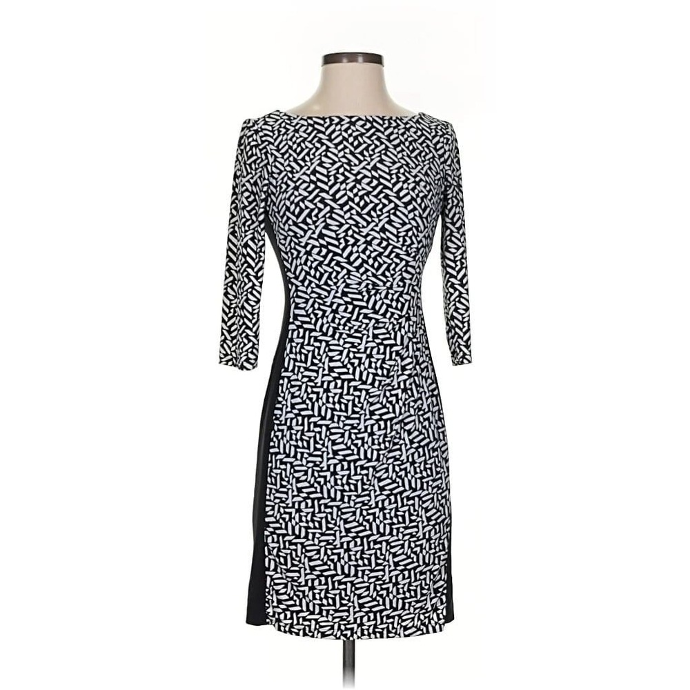 Lauren Ralph Lauren Black White Geometric Sheath Dress Petite 2P 3/4 Sleeve‎